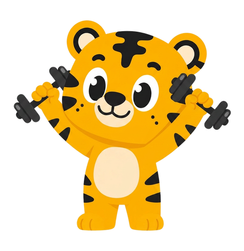 Tiger mascot holding dumbbells